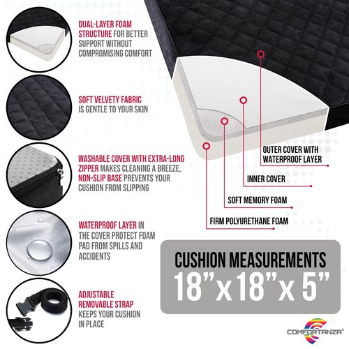 COMFORTANZA Booster Cushion for Adults - 18x18x5 Medium-Firm Seat Cushion for Home, Office, Wheelchair, Car - Washable Velvety Cover with Waterproof Layer, Removable Strap & Non-Slip Base - Black