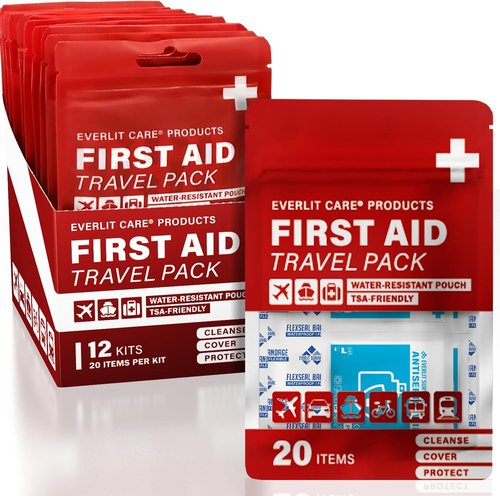EVERLIT CARE Travel Bandage Pack - 12 Individual Packets in Compact Water-Resistant Pouch | On-the-Go First Aid Essentials