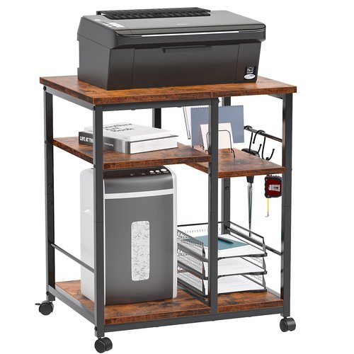 Furologee 3 Tier Printer Stand for Home Office Organization, Mobile Printer Cart with Wheels and 2 Hooks, Under Desk Shelf with Storage, for Living Room, Kitchen, Rustic Brown