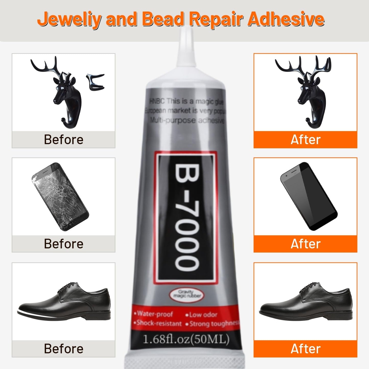 B-7000 Clear High-Viscosity Glue - Perfect for Rhinestones, Jewelry, Beads | Ideal for Fabric, Shoes, Clothes, Phone Screens, Metal, Stone, Nail Art, Glass (4X15ML/0.5oz)