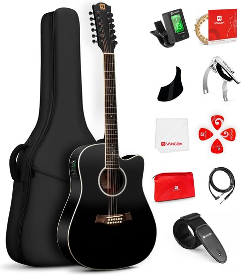 Vangoa 12 String Guitar Acoustic Electric, Upgraded Guitar 12 Strings Bundle for Beginner Intermediate Adults Teens, Guitarra de 12 Cuerdas, Spruce Top Bone Nut, Black, Matte