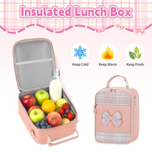 LEWKANA Girls Backpack with Lunch Box Set, 5pc Pink Cute Kawaii Bookbag for Teens, Aesthetic School Backpack for Elementary