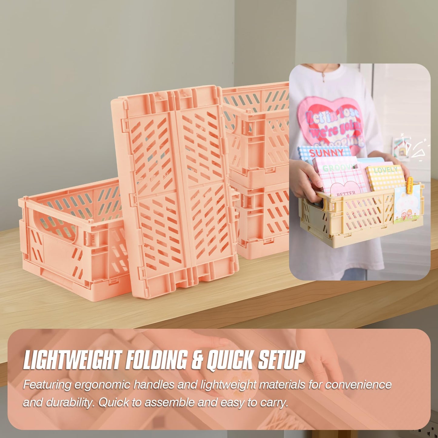 HOYA PONYOO 4 Pcs Collapsible Storage Crates, 10x5.9x4 inches Space-Saving Folding Containers, Stackable Plastic Boxes for Home Kitchen Office Bedroom Bathroom, Light Orange