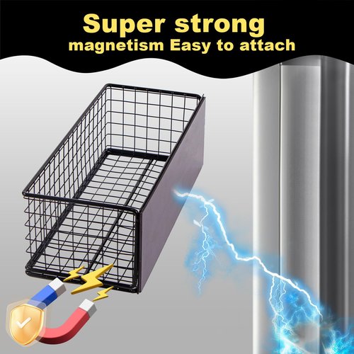 Ganydet Magnetic Basket, Magnetic Shelf for Fridge, Magnetic Spice Rack Wire Mesh Magnetic organizer Holder Accessories for Office Kitchen Classroom Storage, Black-High, 9.44" x 4" x 3.14"