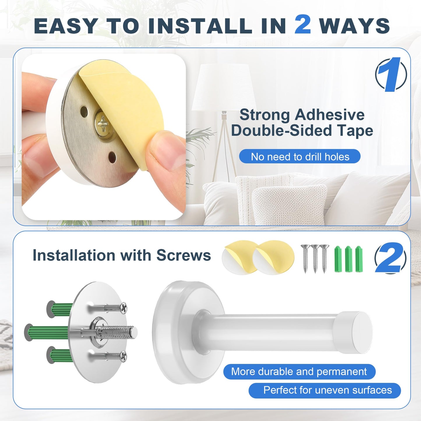 2 Pack Door Stops, Stainless Steel Door Stoppers, No Drilling Door Stops for Bottom and Top of Door, All White