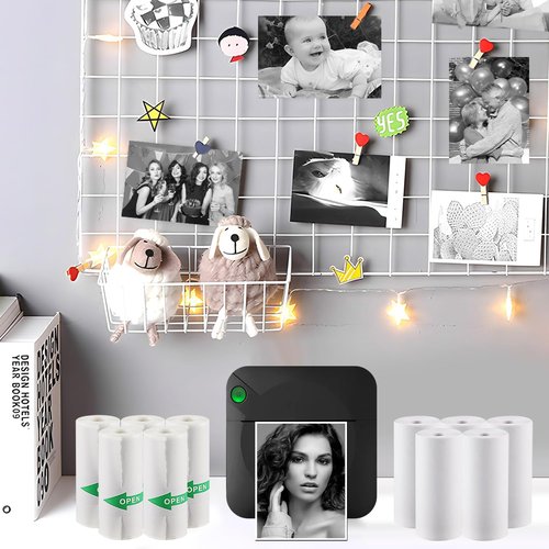 PRINHSJI Mini Sticker Printer, Bluetooth Smart Pocket Inkless Thermal Printer with 10 Rolls Thermal Paper and Sticker for iOS&Android,Portable Receipt Printer for Photo Journal Notes Memo