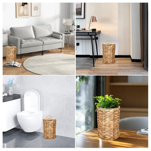 TANEMUDO 2 Pcs Wicker Trash Can Basket with Lid for Bathroom, Bedroom, Kitchen, Office, Home, Farmhouse Small Woven Waste Basket with 200 Pieces of Trash Bags (Brown)