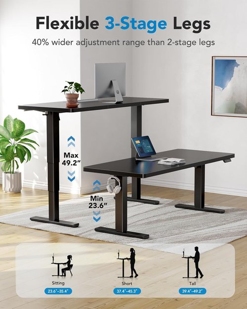 HUANUO Electric Standing Desk - 70x30 Inch Height Adjustable Office Desk with 4 Memory Presets & Hooks - Black