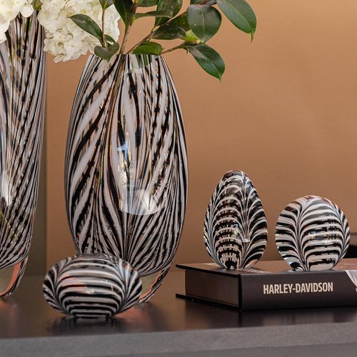 Ca D Oro Ball Glass Paperweight Black and White Feather Pattern Hand Blown Murano-Style Art Glass