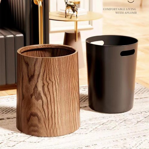 12L Trash Can with Lid - 3 Gallon Walnut Brown Wood Grain Bathroom Garbage Can with Swing Top Lid - Minimalist Diaper Trash Can w Removable Interior Waste Bucket - Dustbin for Office (A)