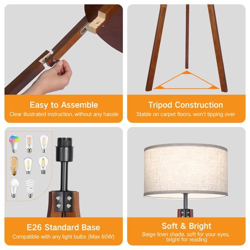 OUTON Dimmable Wood Tripod Floor Lamp with Shelves, Remote Control, Mid Century Modern Standing Lamp 58.5" for Bedroom, Living Room, and Office, Flaxen Lamp Shade Include E26 9W Bulb