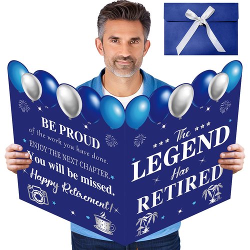 Uiorgui Retirement Card for Man Woman, Blue Silver Large Retirement Card for Signing Jumbo The Legend Has Retired Guest Book Greeting Cards with Envelope Retired Decorations Gift