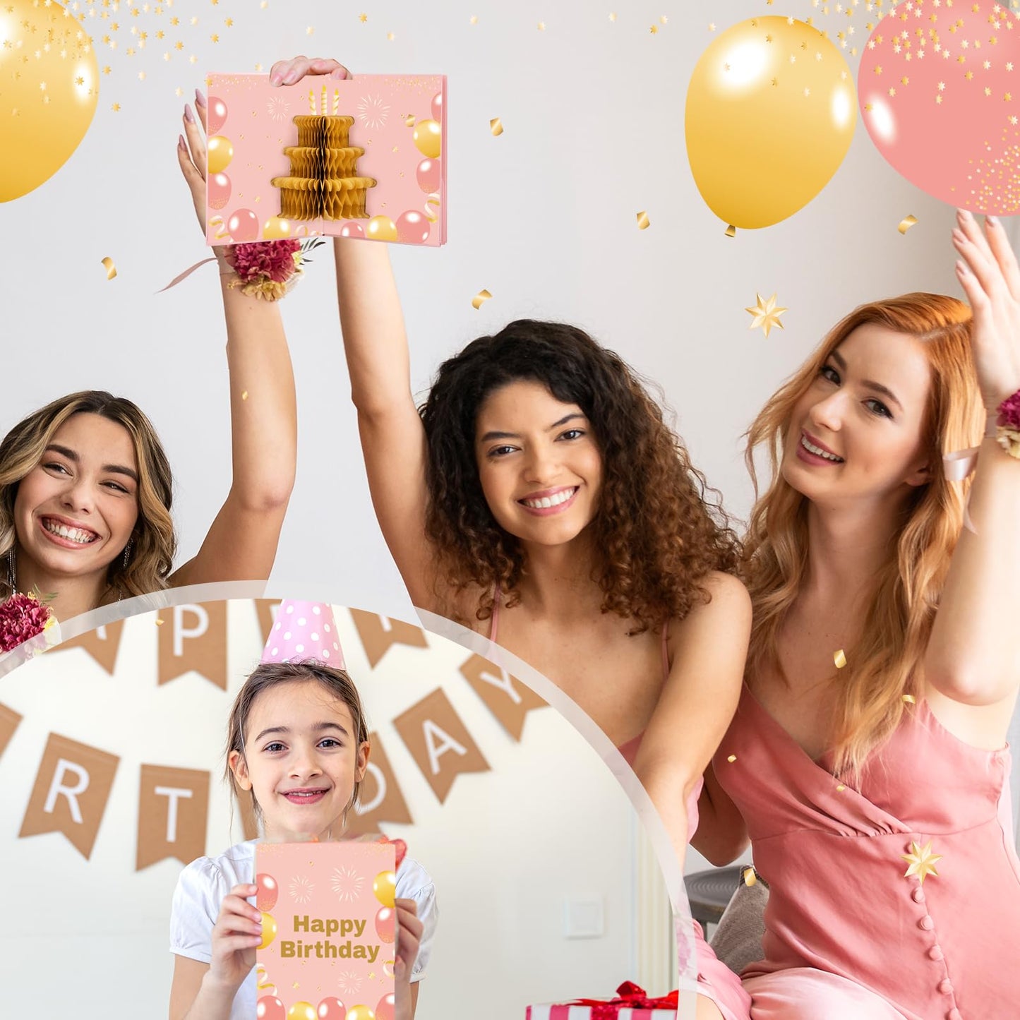 6 Slots 3D Happy Birthday Gift Card Booklet with Envelopes 3D Honeycomb Birthday Money Holder for Cash Gifts Surprise Money Card Sleeves Book Money Gift Ideas for Teacher Employee Friends (Pink)