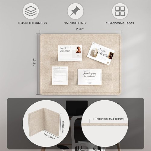 Large Felt Bulletin Board - 24"x18" Frameless Soft Cork Board for Home & Office Decor