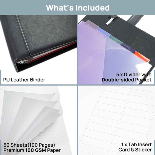 POPRUN PU Leather 2 Inch 3 Ring Binder, Professional Business Organizer- Includes PP Dividers, 100GSM / Grade AA Filler Papers, Card &Sticker for Tab- Ideal for Office Presentation Meetings, Black