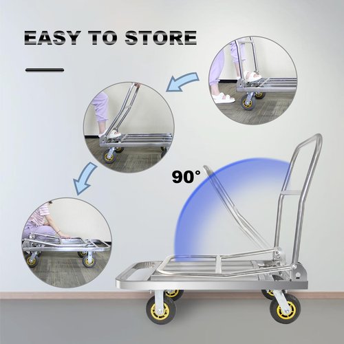 Uholan Fold Platform Truck 660lbs Stainless Steel Square Tube Cart 35.43in x 23.62in Flat Dolly 6in Elastic Rubber Wheel Used for Warehouse Transport Groceries Heavy-Duty Utility Hand Truck