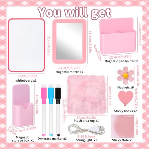 Skiennix 18 PCS Pink Locker Accessories Kit - Stylish Decor for Girls | Includes Whiteboard, Mirror, and Lights