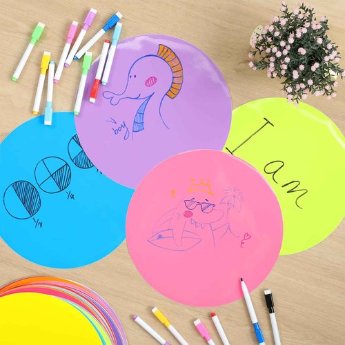 120 Pieces Colorful Large Dry Erase Dots Circles 11 Inch Removable Vinyl Table Stickers Wall Decals Spots with 16 Pieces Whiteboard Markers for Classroom Teacher Students Home Desk Wall