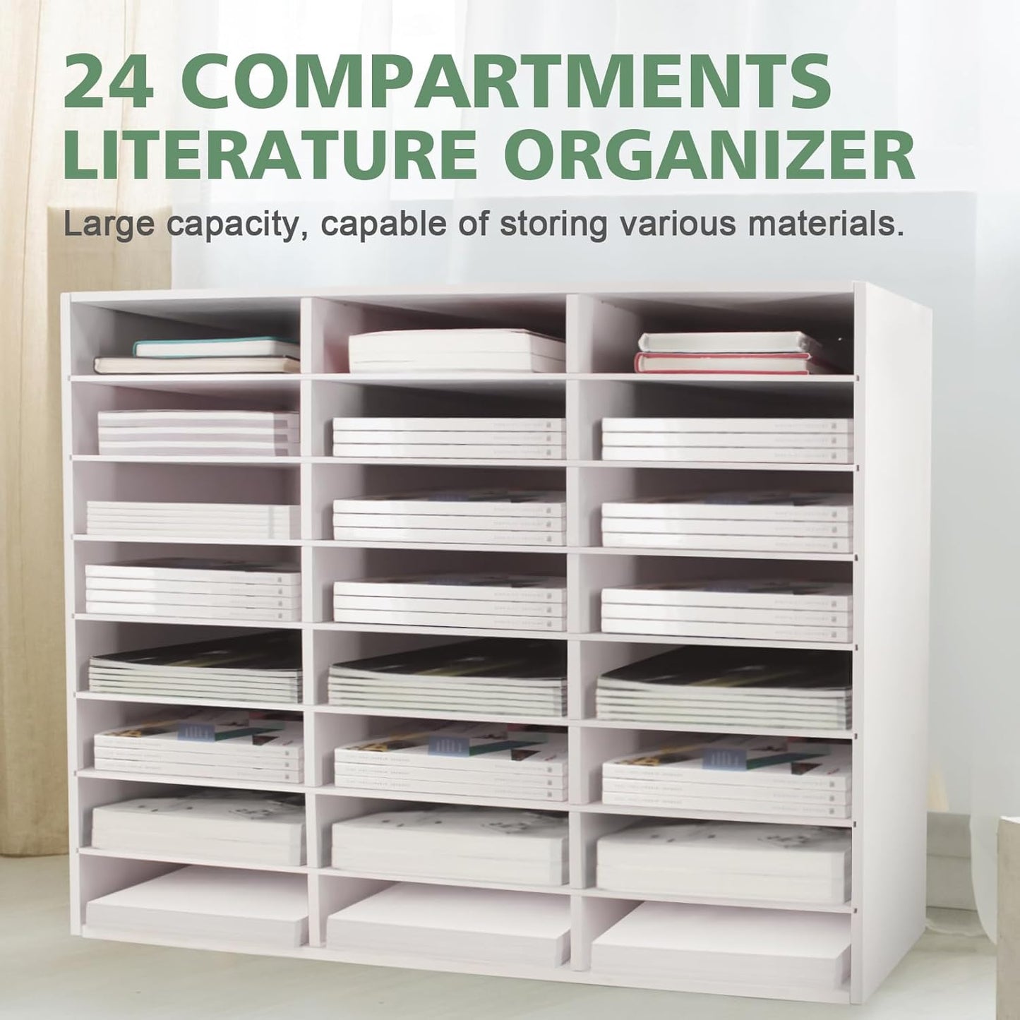 SONGWAY Desk Paper Storage Organizer - 24-Compartment Literature Organizer with Adjustable Shelves | White