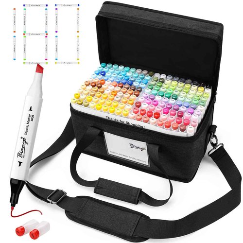 Bianyo 180 Colors Alcohol Markers Set, Dual Tip Fine & Chisel Art Markers for Drawing, Sketching & Coloring – Includes Black Canvas Bag with Customizable Card, Perfect for Artists & Crafters