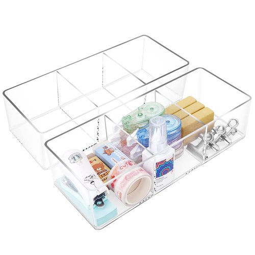 POPPEYGO Stackable Clear Drawer Organizers Small Makeup Vanity Storage Bins Trays and Office Desk Drawer Dividers Triple Compartments 2 Pack