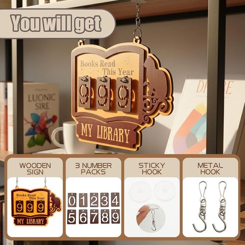 Books Read This Year Counter - Large Wooden Wall & Bookshelf Decor Sign | 'My Library' Reading Count Plaque - Perfect Gift for Book Lovers & Teachers