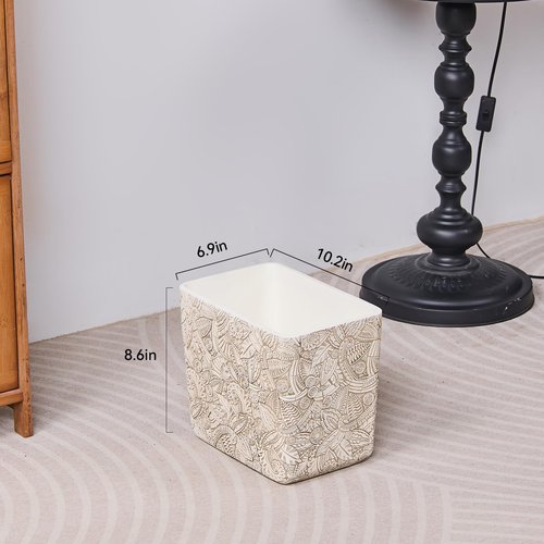 Rustic White Tropical Leaves Carved Small Bathroom Trash Can 2.5 Gallon(9 Liter), Resin Heavy Sturdy Kitchen Garbage Can,Living Room Bedroom Trash Can, Decorative Wastebasket for Home, Garden, Office