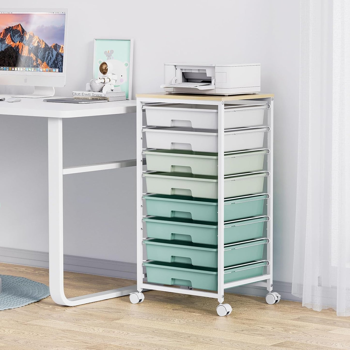 Skiennix Rolling Storage Utility Cart - 8 Drawer Organizer with Wooden Tabletop | Green for Home & Office