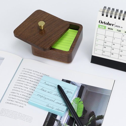 MultiBey Walnut Paper Clip Holder with Lid, Wooden Paperclip Holder for Desk Organizer, Square Paper Clip Dispenser-Holds Binder Clips, PaperClips & 3x3 Sticky Notes for Office, Home, School