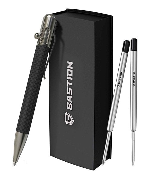 BASTION Bolt Action Pen | Carbon Fiber and Stainless Steel | Extra Black Ink Cartridge Fine Point (0.5mm) For Women and Men Gift Ballpoint Pen Combo 2 Standard Ink Refill