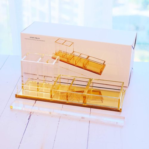 EXPUTRAN Acrylic Desk Organizer 4-Piece Desk Kit + Free Complimentary Acrylic Ruler, Desktop Organization for Office or Home (Gold)
