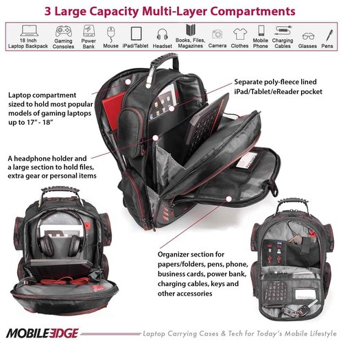 Mobile Edge CORE Gaming Laptop Backpack for 17-18 Inch Laptops with USB Charging Port and Cable, TSA-Friendly, MECGBPV1