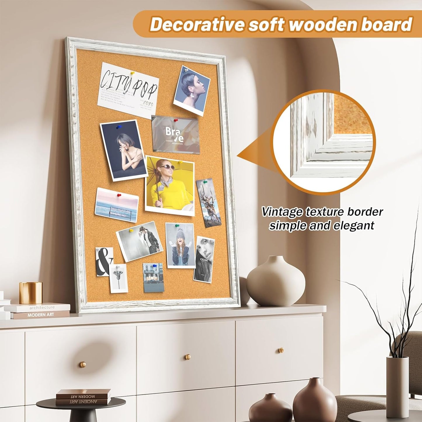 White Cork Board - 36 x 24 Inch Decorative Bulletin Board with Rustic Wooden Frame for Home & Office