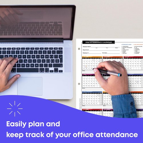 2026 Attendance Calendar – Great Employee Daily Attendance Work Tracker – Bright and Colorful, Printed on Durable and Thick 80lb Cover Cardstock – 3 Hole Punched – 8.5 x 11" – 25 Sheets per Pack