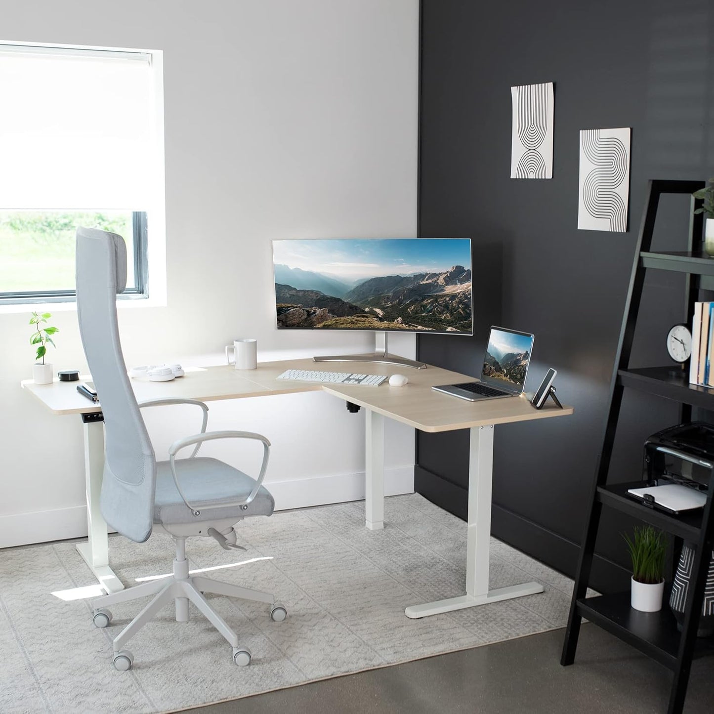 VIVO L-Shaped Standing Desk - 63 x 55 Inch Electric Height Adjustable Workstation | Light Wood Top & White Frame