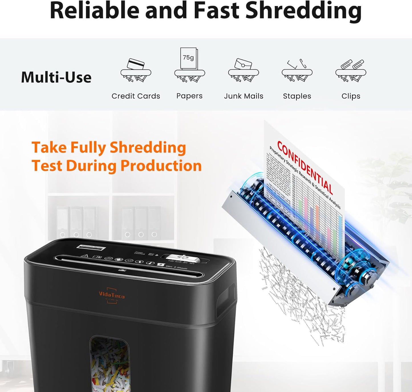 VidaTeco 8-Sheet Cross-Cut Paper Shredder - P-4 Security, Jam Proof, 3.04-Gal Bin for Home Office