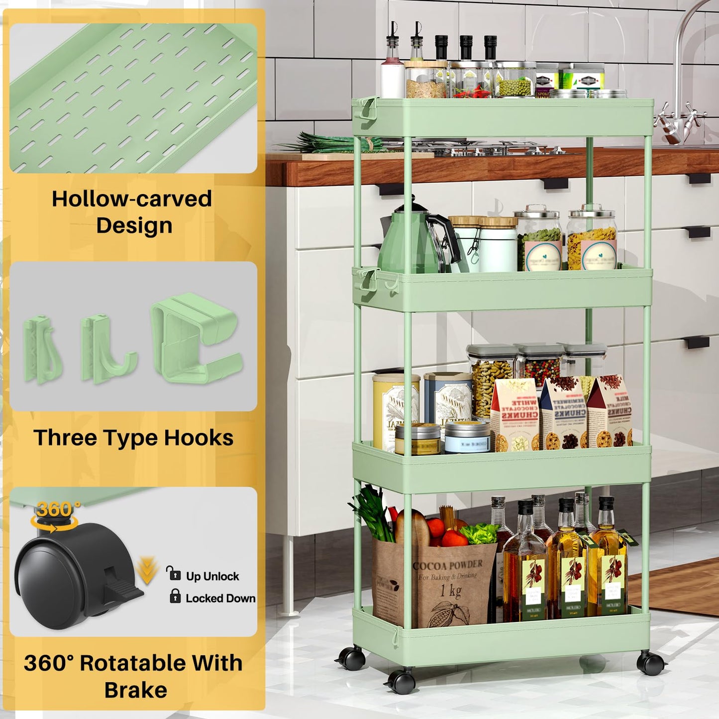 SPACELEAD 4 Tier Rolling Cart with Wheels, Storage Craft Art Trolley Organizer Serving, 3 Hanging Baskets Easy Assembly, for Office, Living Room, Kitchen
