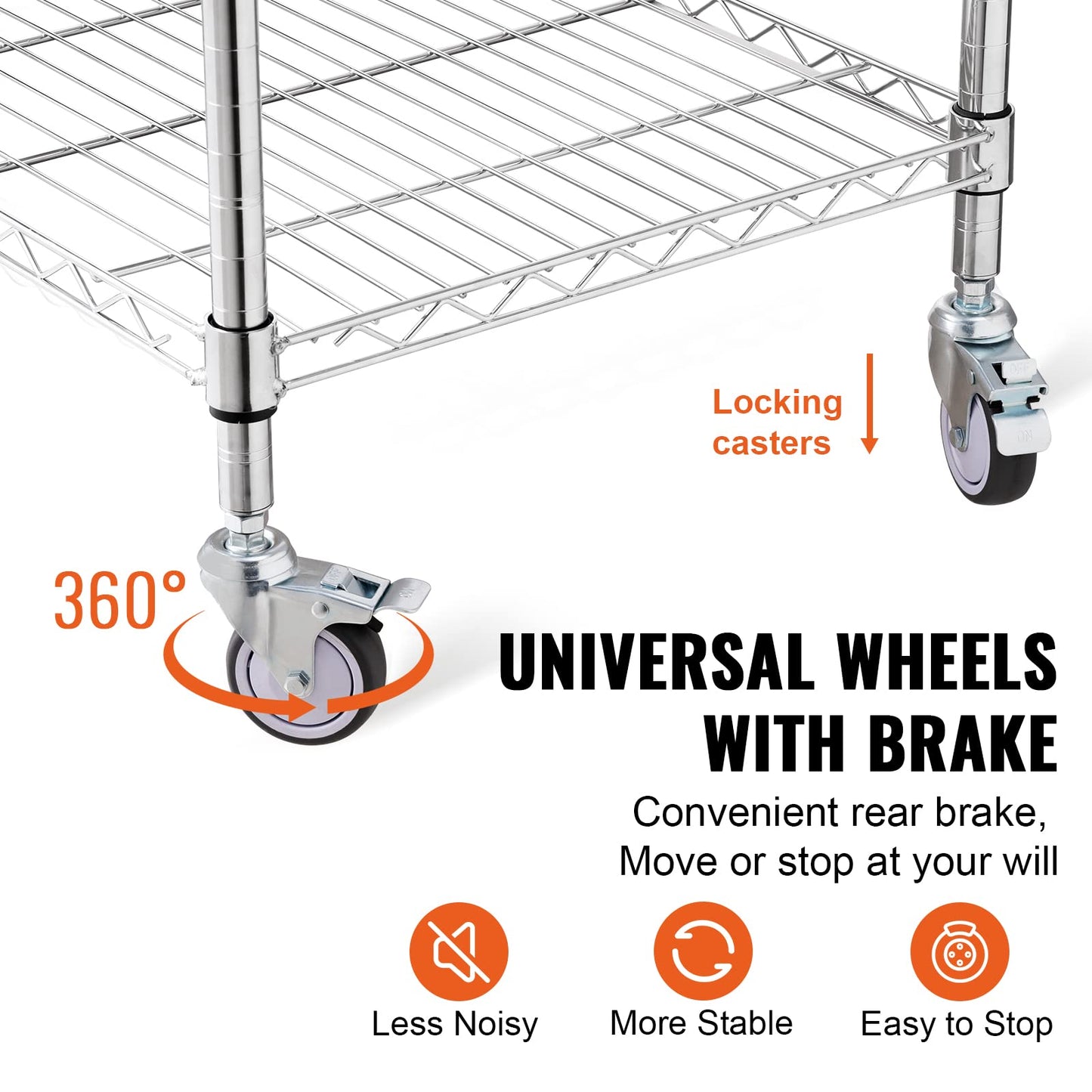 VEVOR Kitchen Utility Cart, 36.6"x20"x24" 3 Tiers Wire Rolling Cart, 470LBS Capacity Steel Service Cart with Brake Wheels, Storage Trolley with 76mm Basket PP Liner 6 Hooks, for Indoor & Outdoor Use