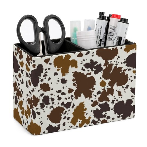 DEHOZO Pen Holder, Pencil Holder for Desk, PU Leather Desktop Pen Cup Storage, Desk Pencil Pen Organizer Makeup Brush Holder for Office Bedroom Home (Cow Print Skin Brown)