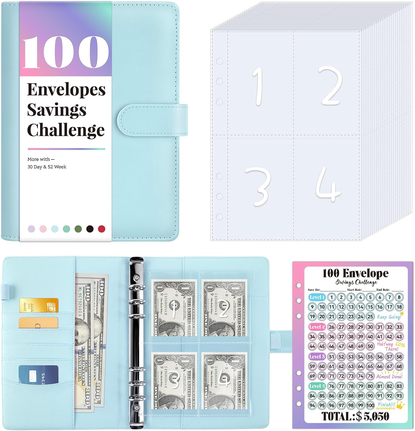 Sooez Money Saving Challenge Envelopes - 100 Pocket Savings Binder with Reusable Tracker & Flexible Goals