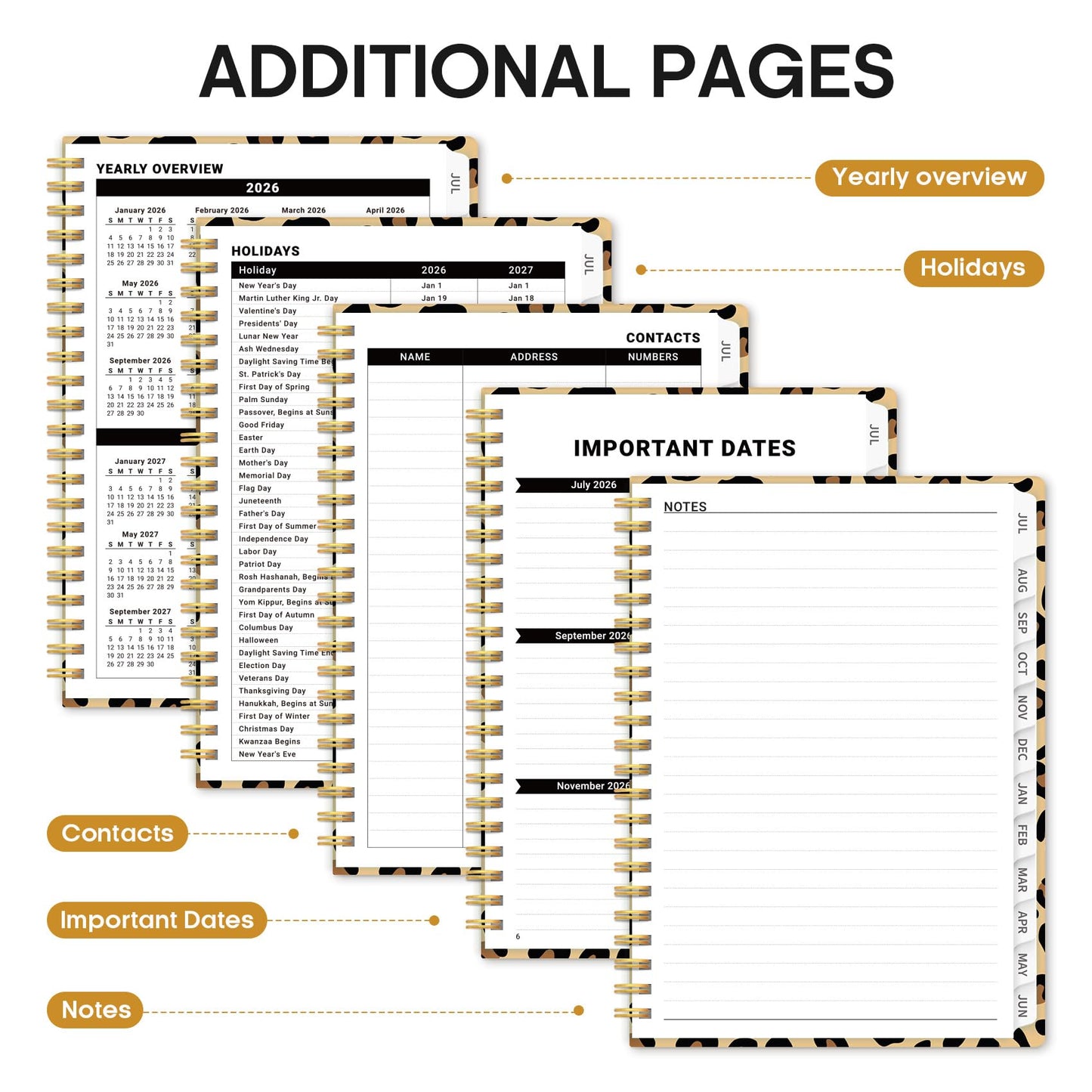 Planner 2026–2027, Weekly & Monthly Academic Organizer for School Year, Jul 2026–Jun 2027, Hardcover Planner with Tabs, Back to School Essential, 8.5" x 11", Leopard