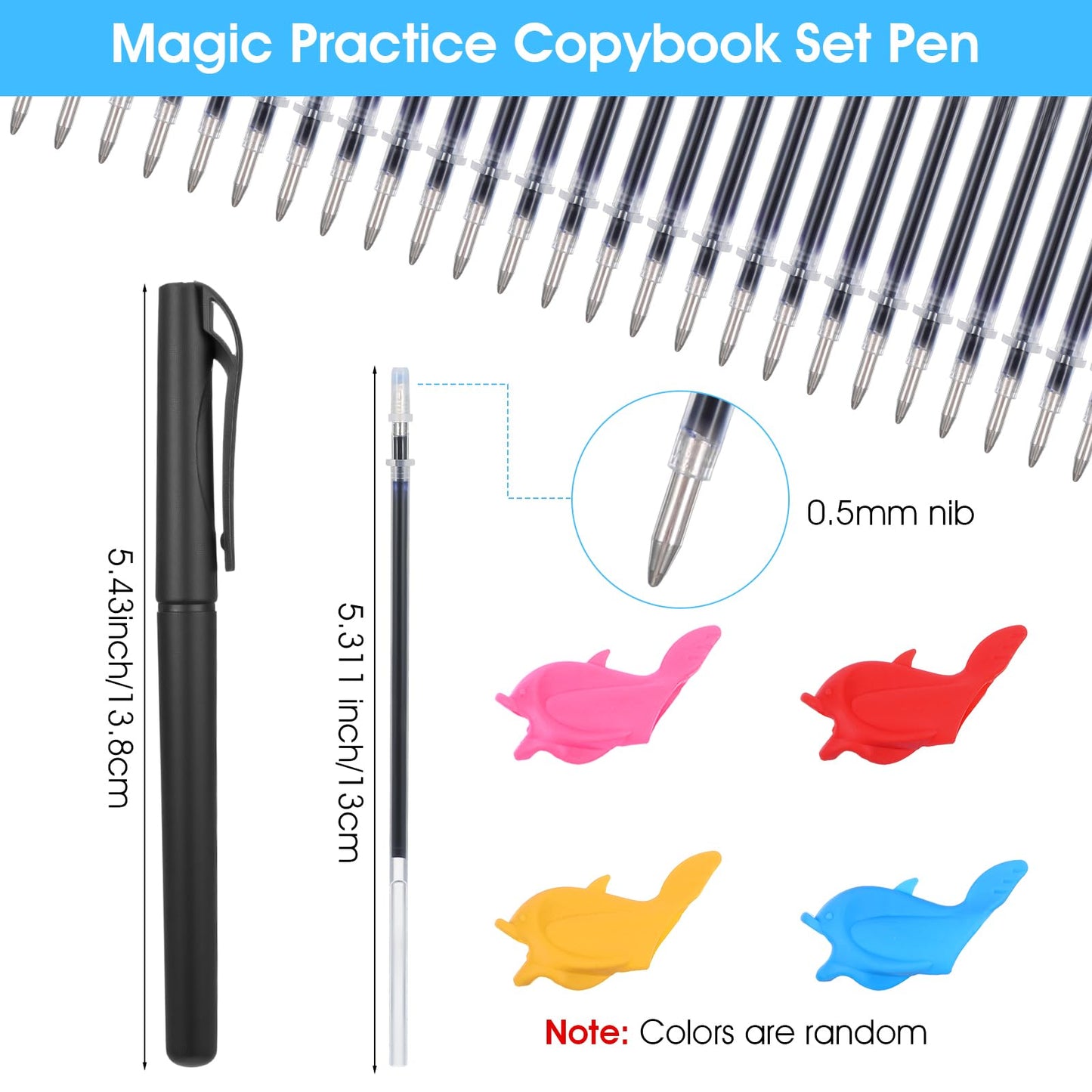Heclia 72 PCS Magical Pens & Refills for Grooved Handwriting Workbooks 60 Disappearing Ink Pens with 6 Pen Shells & 6 Grips Reusable Writing Practice for Kids 3-12 Writing Train Handwriting Practice