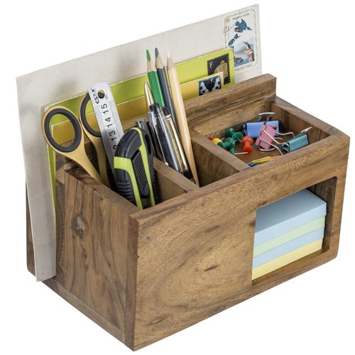 MyGift Rustic Solid Acacia Wood Office Desktop Stationery Organizer, Desk Caddy with Mail Slot, 2 Pen Holders, Sticky Note Storage, and Supplies Tray - Handcrafted in India