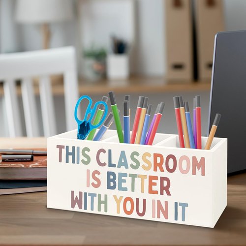 URLLUAE Boho Classroom Wooden Pen Pencil Holder for Desk Accessories, Back to School Supplies for Students College Boys Girls Teachers First Day of School, This Classroom Is Better with You in It
