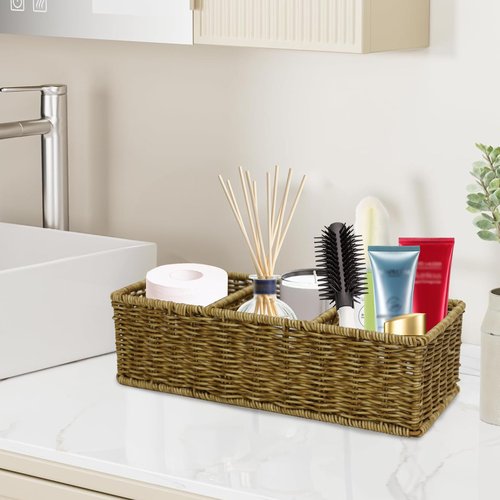 Yomjarl Remote Control Holder,Tv Remote Storage Basket,Handwoven Wicker Basket with 3 Compartments,Desk Caddy,Cosmetic & Night Stand Storage Box,Table Organizer for Office Supplies,Makeup Brush Holder