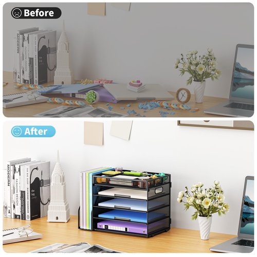 Marbrasse 5-Tier Desk Organizer with File Holder,Paper Letter Tray Organizer,Desktop File Organizer with Adjustable Compartments,Mesh Desk Organizers and Accessories for Office Supplies,Black