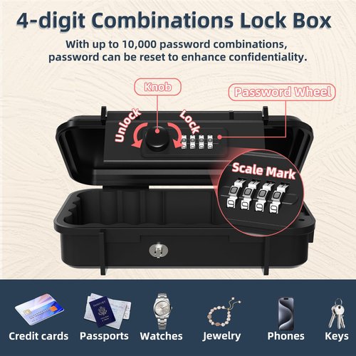 Piclafe Portable Small Lock Box, Waterproof Beach Travel Lock Box, 4-Digit Combination Lock Box with Removable Chain for Travel, Beach, Hotel, Dormitory, Home and Office