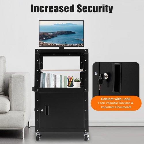 TTeralmon Adjustable Steel AV Cart with Locking Cabinet & Wheels Mobile Computer Cart with Storage Projector Cart