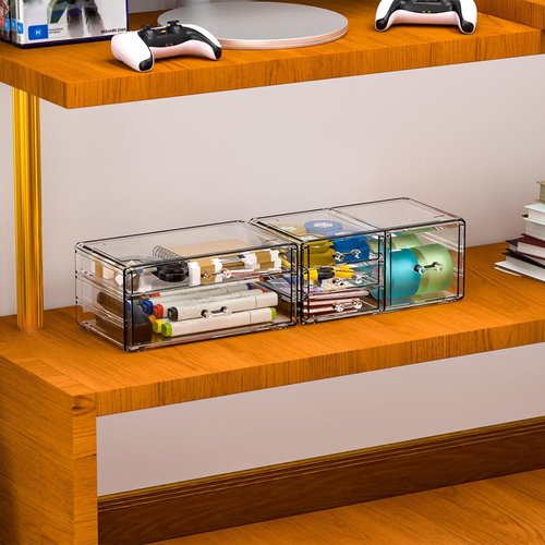 Cq Acrylic Desk Organizer - 2 Pack Clear Stackable Design with 6 Drawers for Skincare & Jewelry Storage