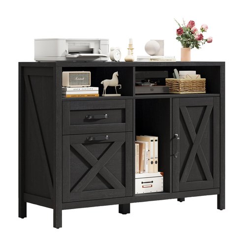 Lateral File Cabinet, Farmhouse 2 Drawer File Cabinet with Open Storage Shelf for Letter/Legal/A4 Size Hanging Files, Large Wood File Storage Cabinets Printer Stand for Home Office, Black